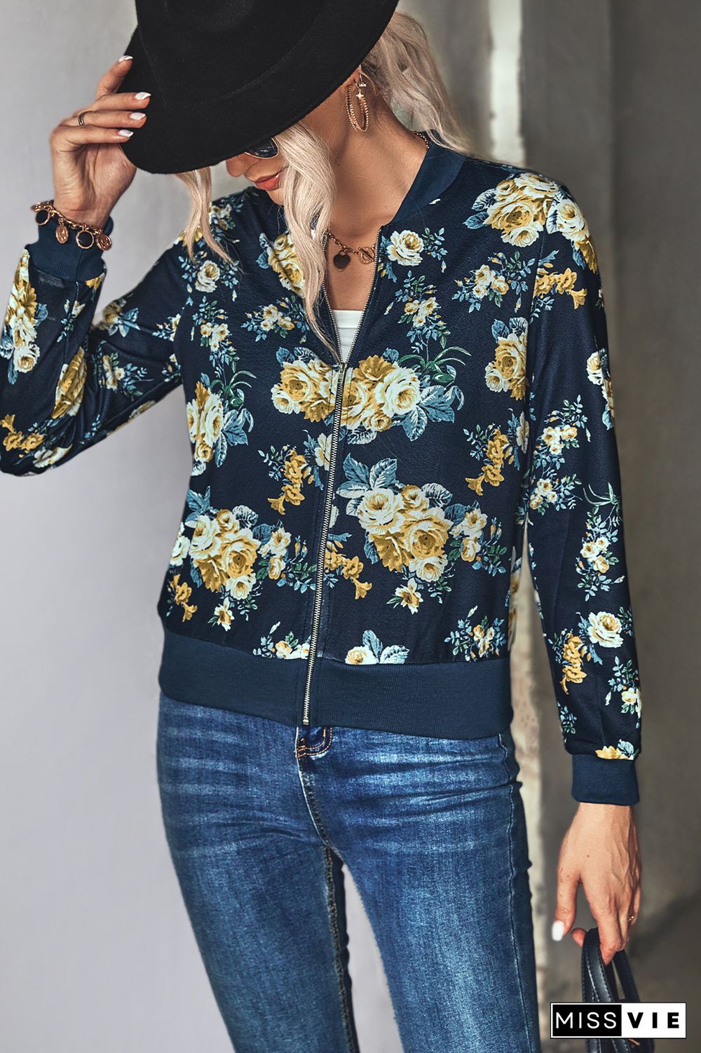 Front Open Zipper Floral Print Jackets