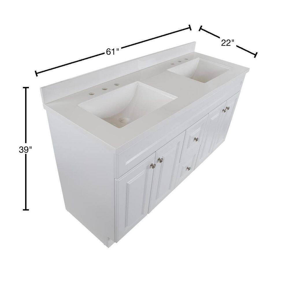 Glacier Bay Glensford 61 in. W x 22 in. D Vanity in White with Cultured Marble Vanity Top in White with White Sinks GF60P2V28-WH