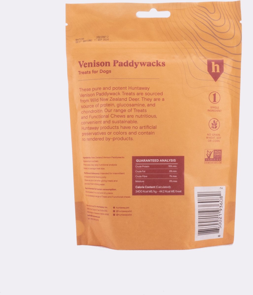 Huntaway Venison Paddywacks Dog Treats， 3-oz bag