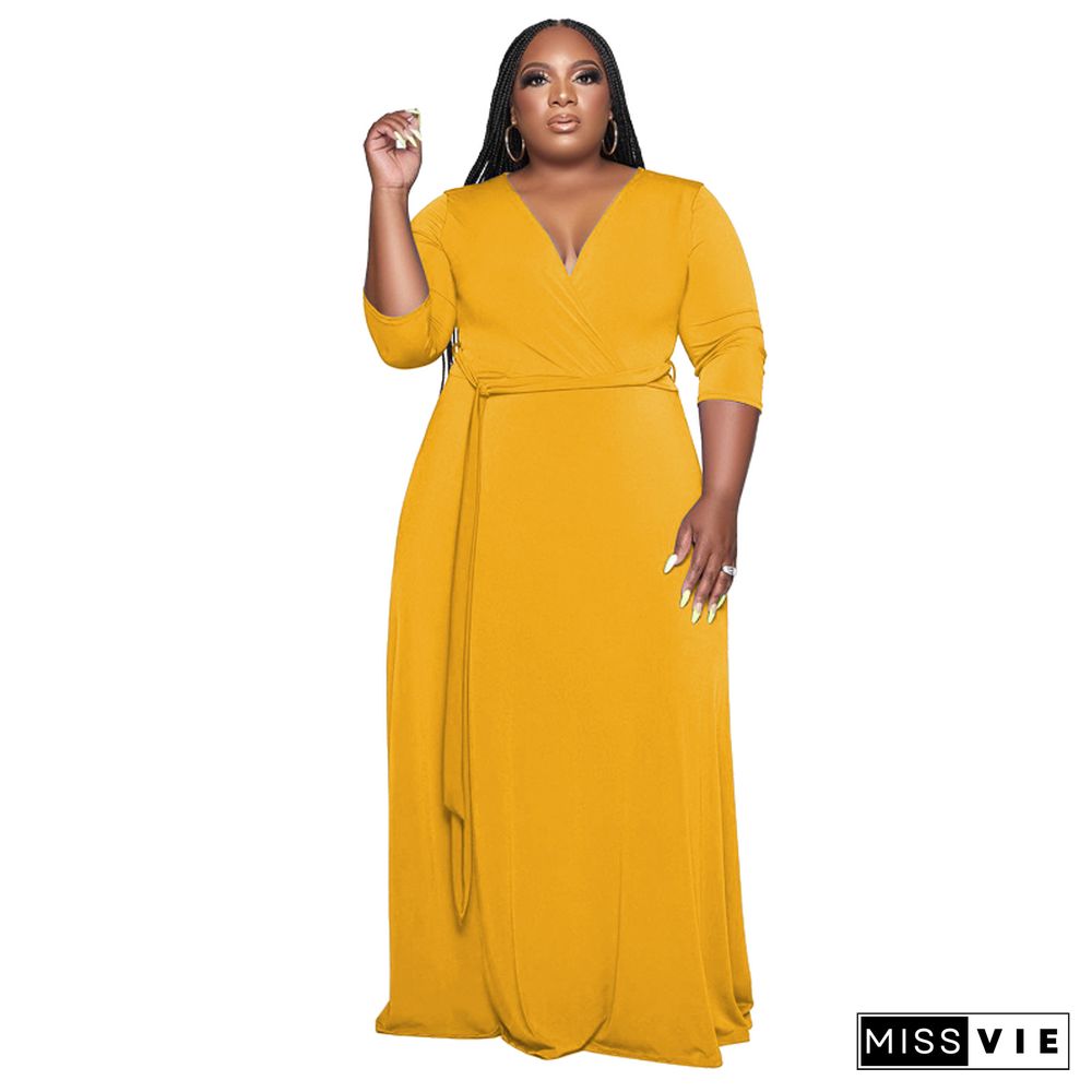 V Neck Sashes Loose Casual Plus Size Dresses