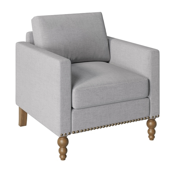 Classic Linen Armchair Accent Chair w/Bronze Nailhead Trim Wooden Legs