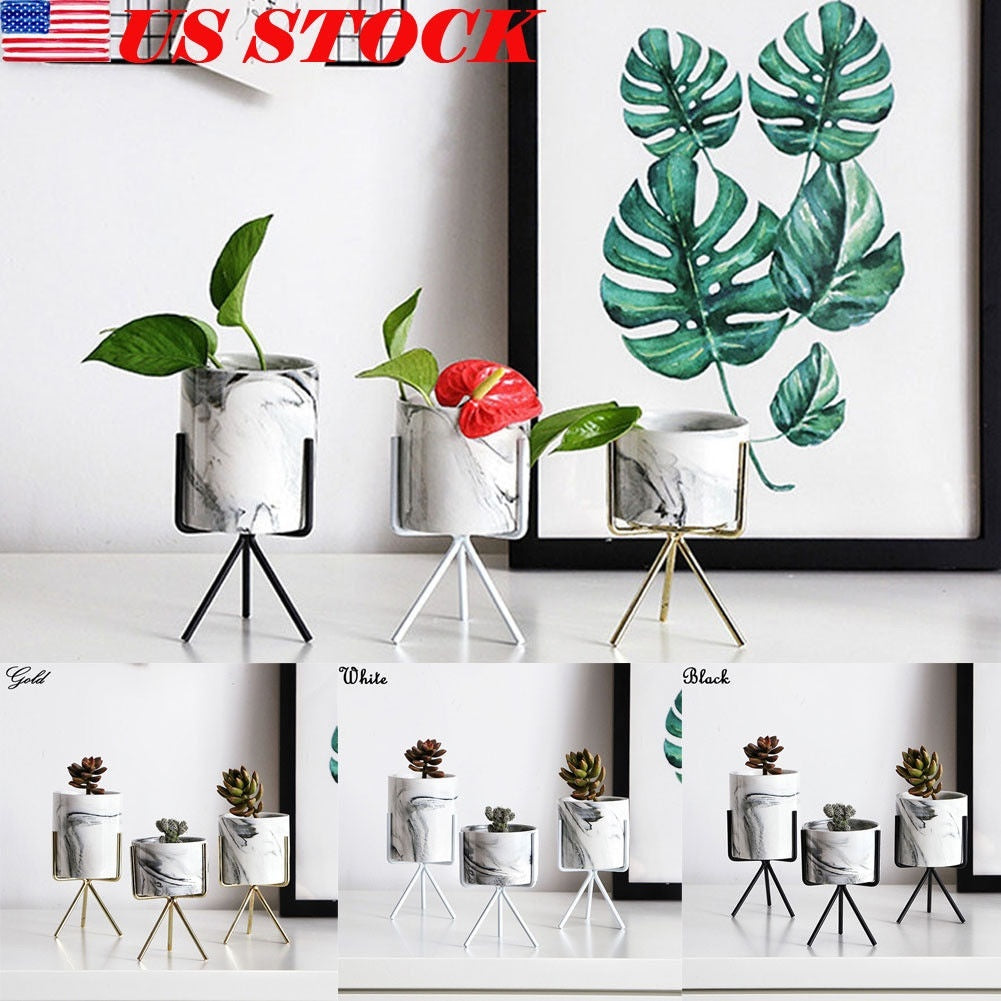 2Pc/Set Ceramic Plant Decor Vase Stand + Iron Rack Garden Home Flower Pot Holder