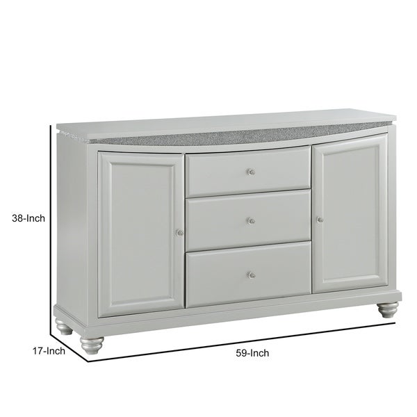 3 Drawer and 2 Door Wooden Server with Crystal Accent， Silver