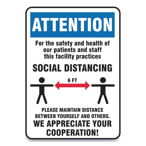 Accuform Social Distance Signs， Wall， 10 x 14， Patients and Staff Social Distancing， Humans/Arrows， Blue/White， 10/Pack (MGNG907VPESP)