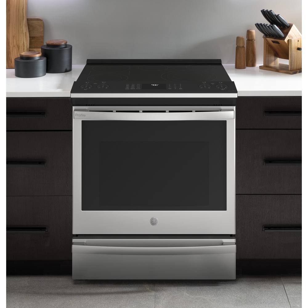 GE Profile 30 in. 5.3 cu. ft. Slide-In Electric Range in Fingerprint Resistant Stainless with True Convection Air Fry Cooking PSS93YPFS