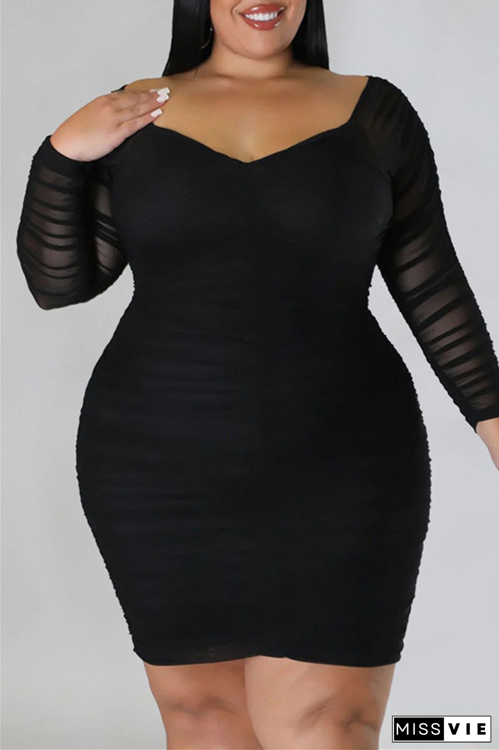 Casual Solid Basic V Neck Long Sleeve Plus Size Dresses