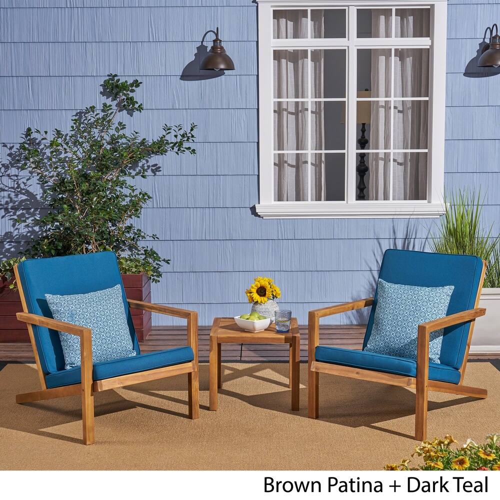 Leah Outdoor 3 piece Acacia Wood Chat Set with Cushions by Christopher Knight Home