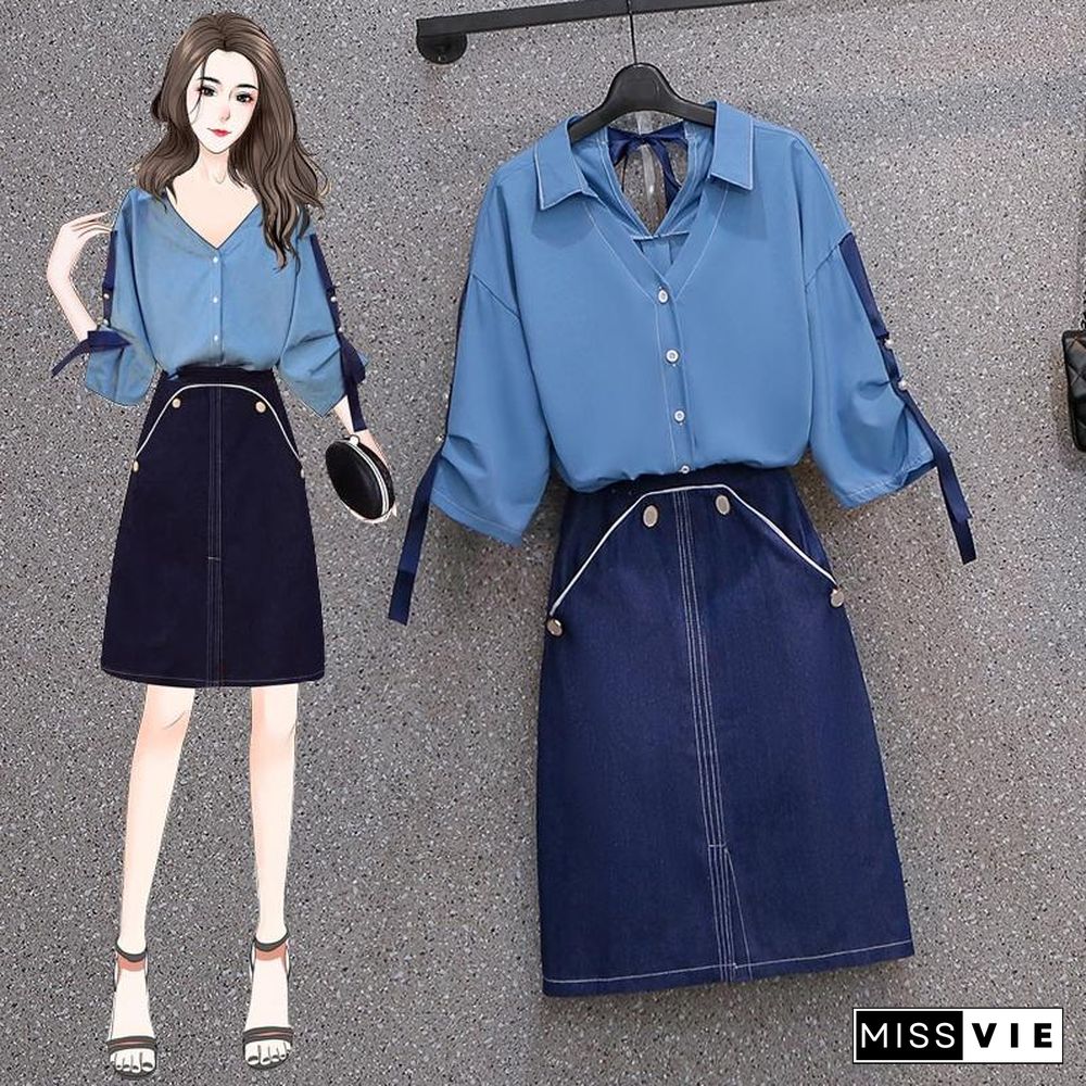 Fashion V-Collar Tee+Denim Skirt P11748