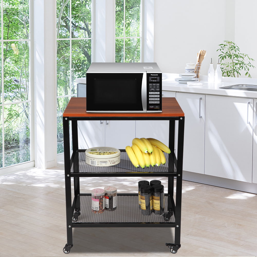 QEEK Serving Cart, 3-Tier Bar Cart on Wheels with Storage and Steel Frame, Microwave Cart, Rolling Kitchen Utility Cart