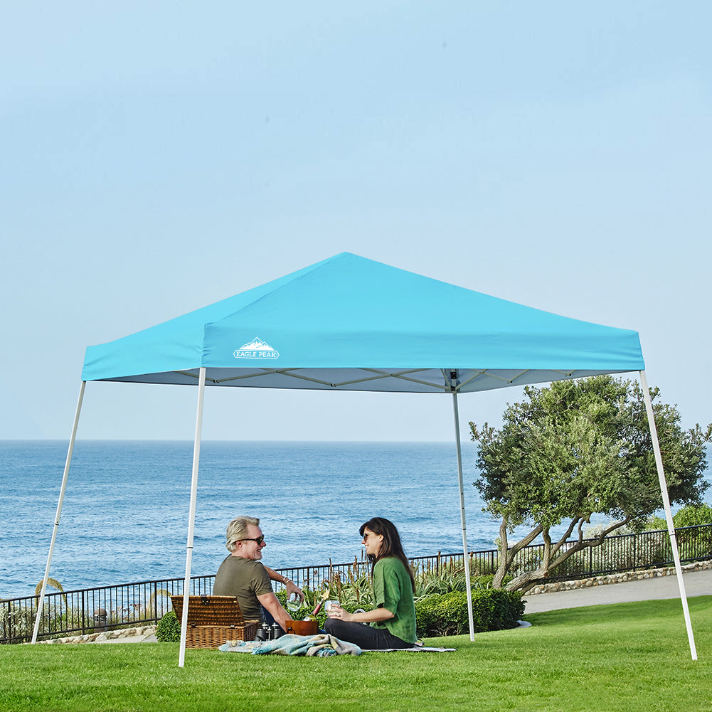 EAGLE PEAK 10' x 10' Slant Leg Pop-up Canopy Tent Easy One Person Setup Instant Outdoor Canopy Folding Shelter with 64 Square Feet of Shade (Light Blue)