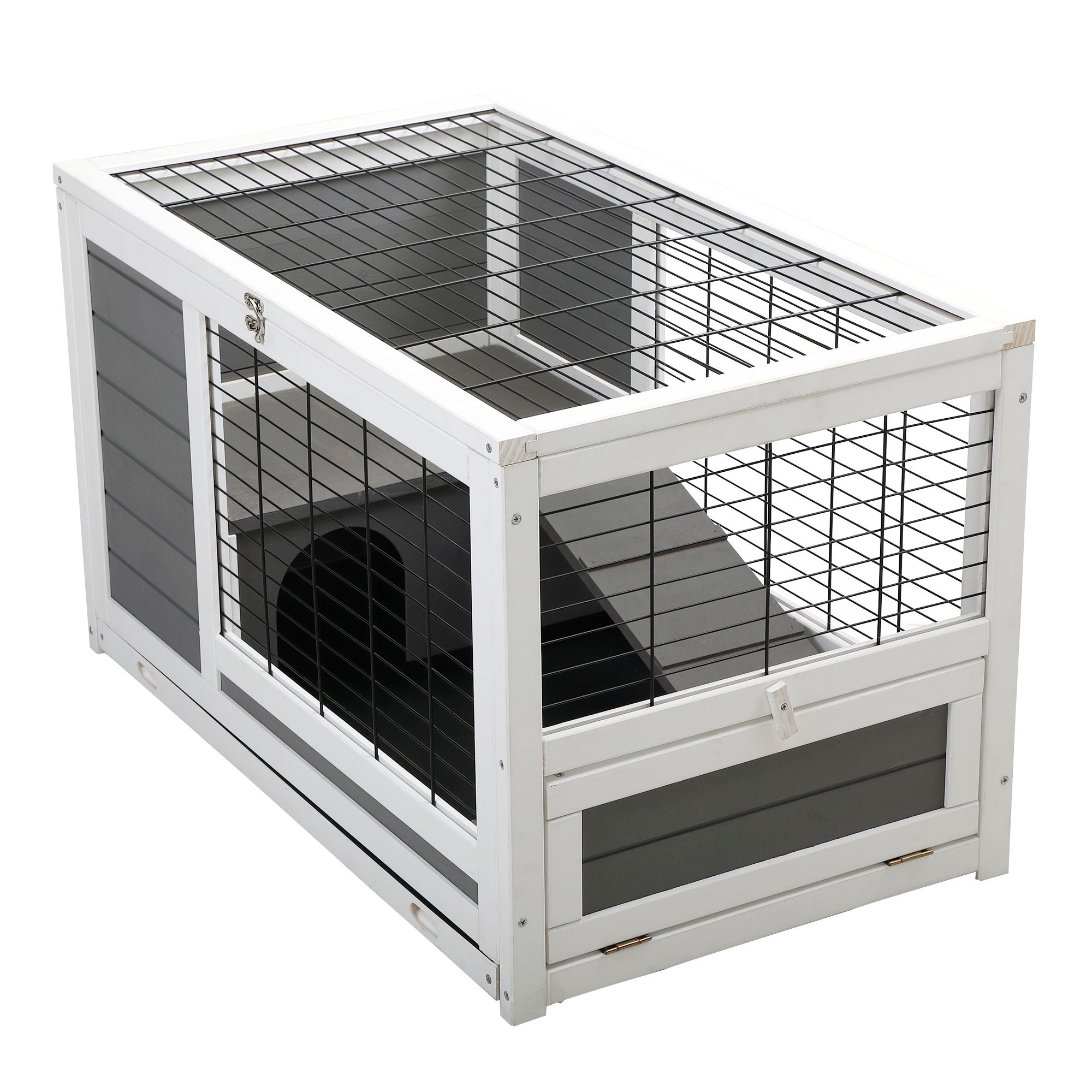 2-Tier Pet House，Indoor Rabbit Hutch with Enclosed Run，for Rabbits and Guinea Pigs，Grey