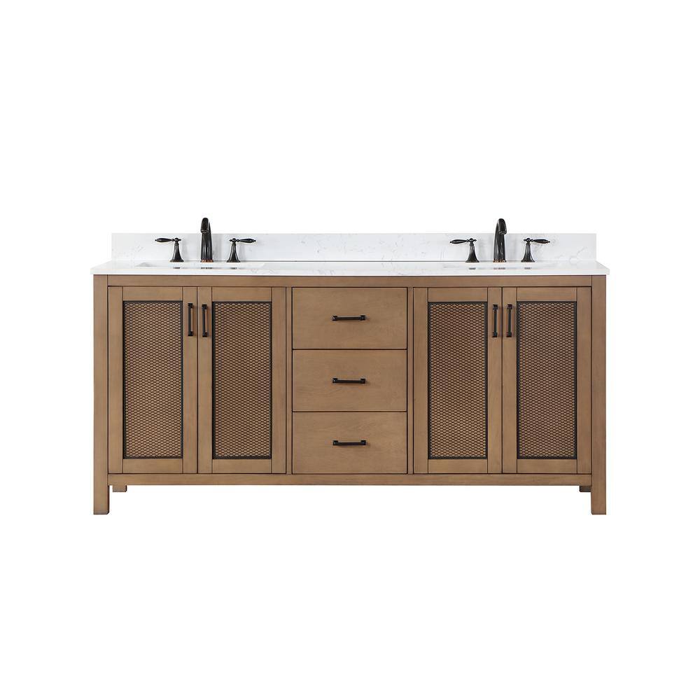 Altair Hadiya 72 in. W x 22 in. D x 34 in. H Bath Vanity in Brown Pine with Carrara White Composite Stone Top 542072-BR-AW-NM