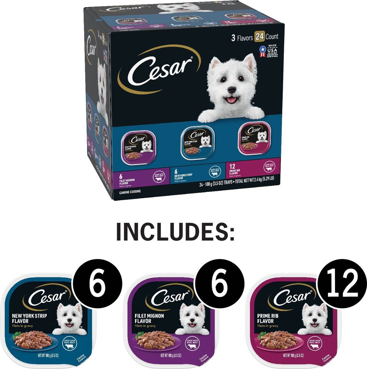 Cesar Filets in Gravy Beef Flavors Variety Pack Dog Food， 3.5-oz tray， case of 24