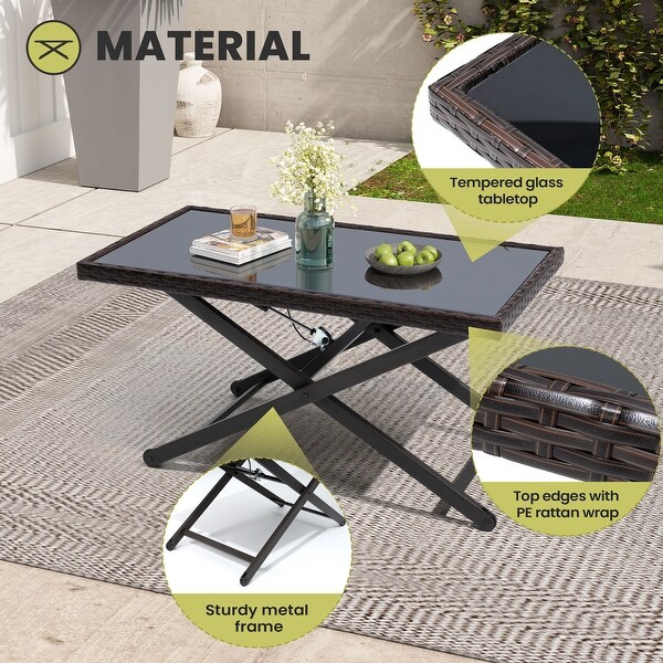 Outdoor Coffee Table Side Table Fits with Conversation Set，PE Rattan and Glass Tabletop，Adjustable Height