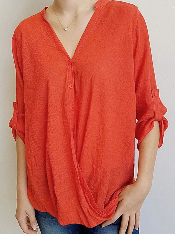 Solid Color V-Neck Blouse