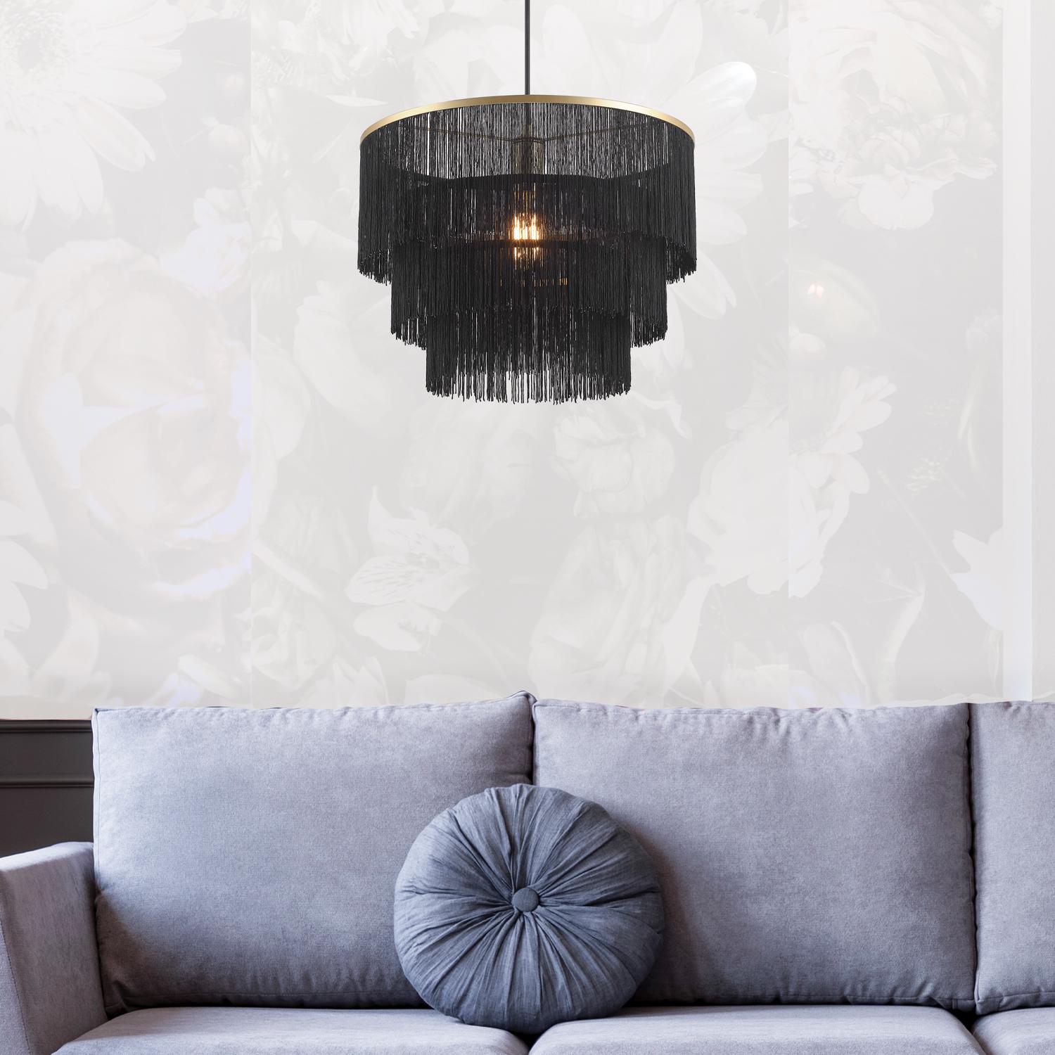 Globe Electric Willow 1-Light Matte Gold Pendant Light with Black Fabric Fringe Shade， 44845