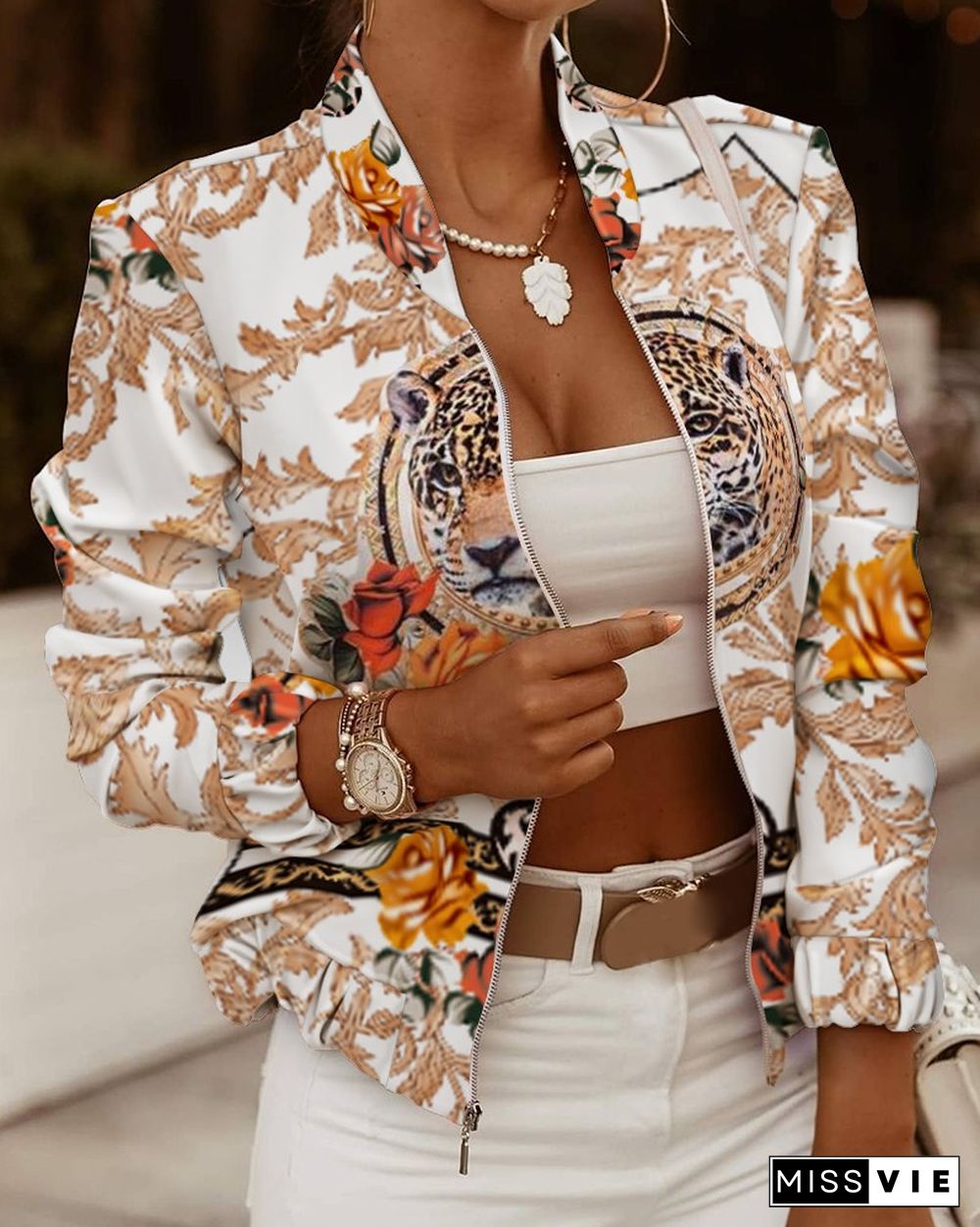 Floral Print Long Sleeve Zip Up Jacket