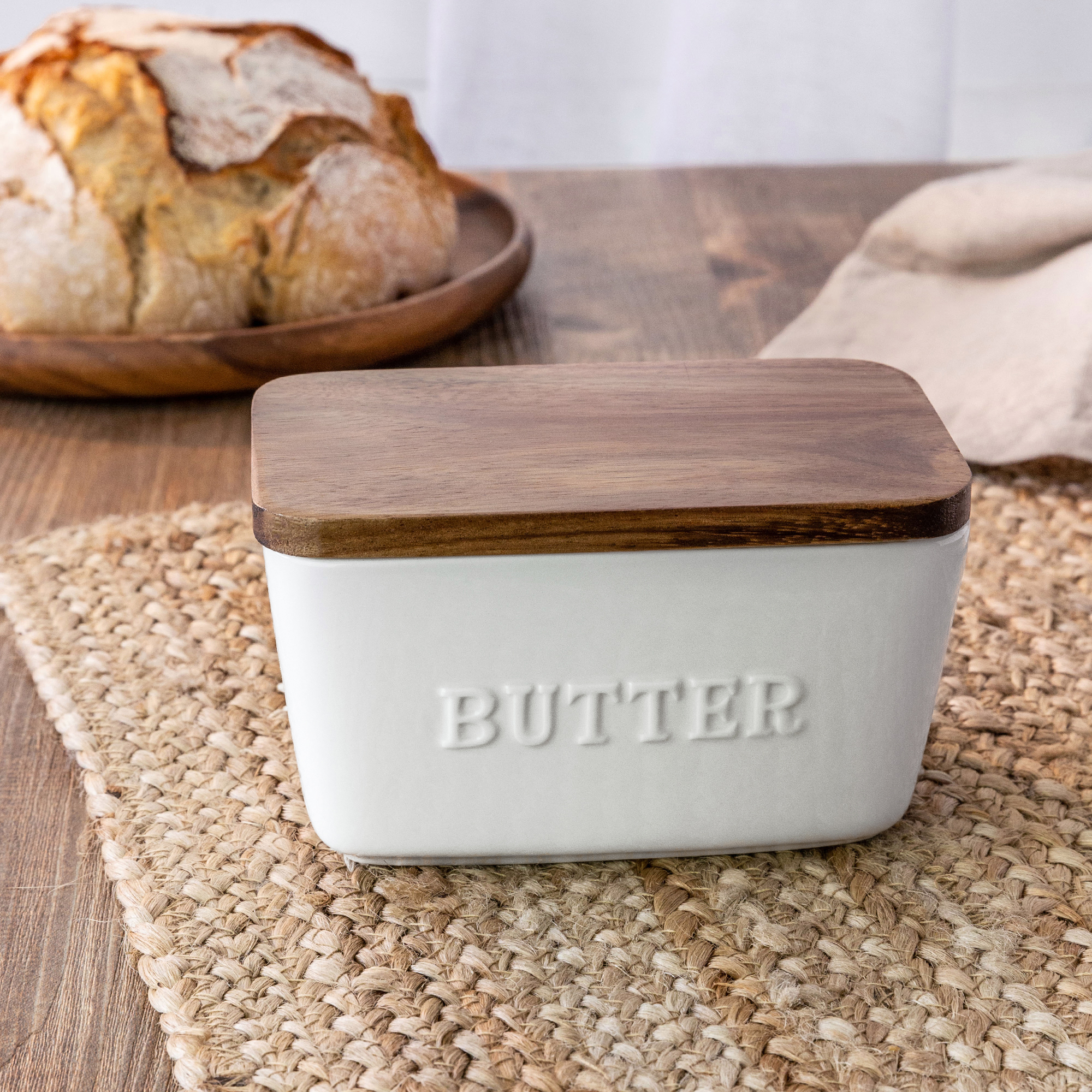 Better Homes and Gardens- White and Acacia Wood Porcelain Embossed Butter Dish