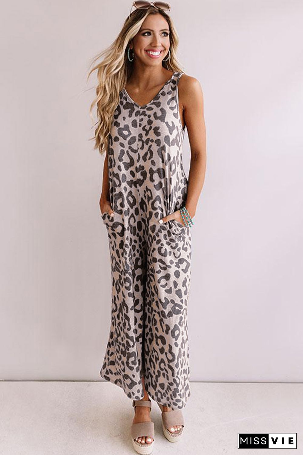 Leopard Leopard Print Pockets Wide Leg Sleeveless Jumpsuit