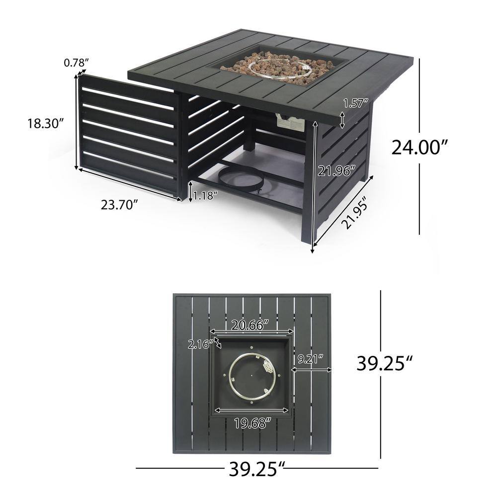 Noble House Rene 39.25 in. W x 24 in. H Outdoor Iron Gas Burning Matte Black Square Fire Pit 69668