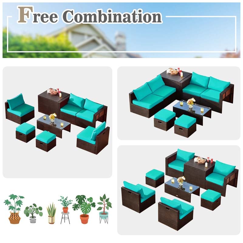 8 Pcs Rattan Patio Sectional Sofa Set with Storage Box & Waterproof Cover