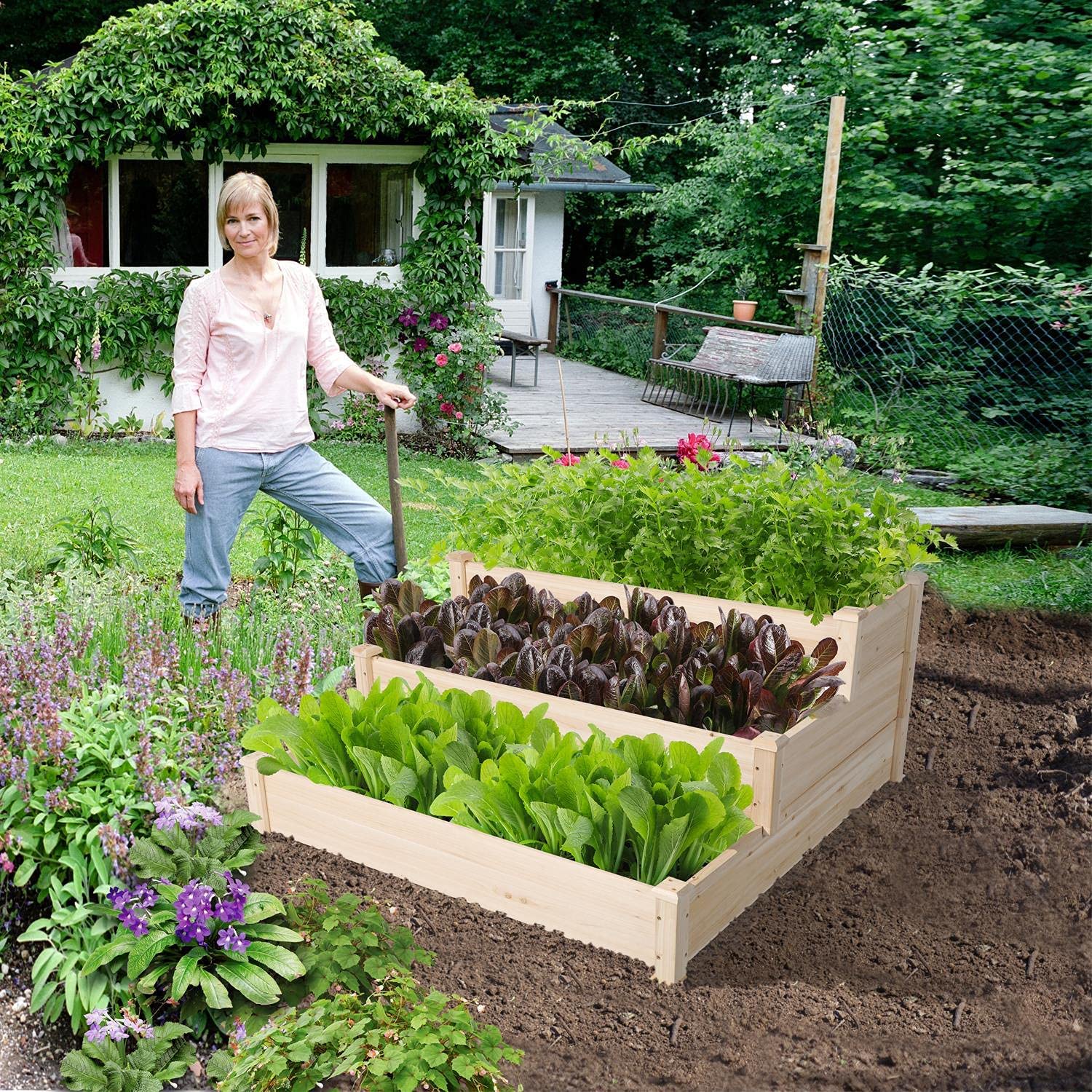 3 Tier Raised Garden Bed, Outdoor Elevated Flower Box, Wooden Vegetables Growing Planter for Backyard/Patio/Gardener