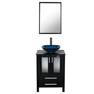 eclife 24 in. W x 20 in. D x 32 in. H Single Sink Bath Vanity in Black with Ocean Blue Vessel Sink Top ORB Faucet and Mirror BV102BK+VS104BU