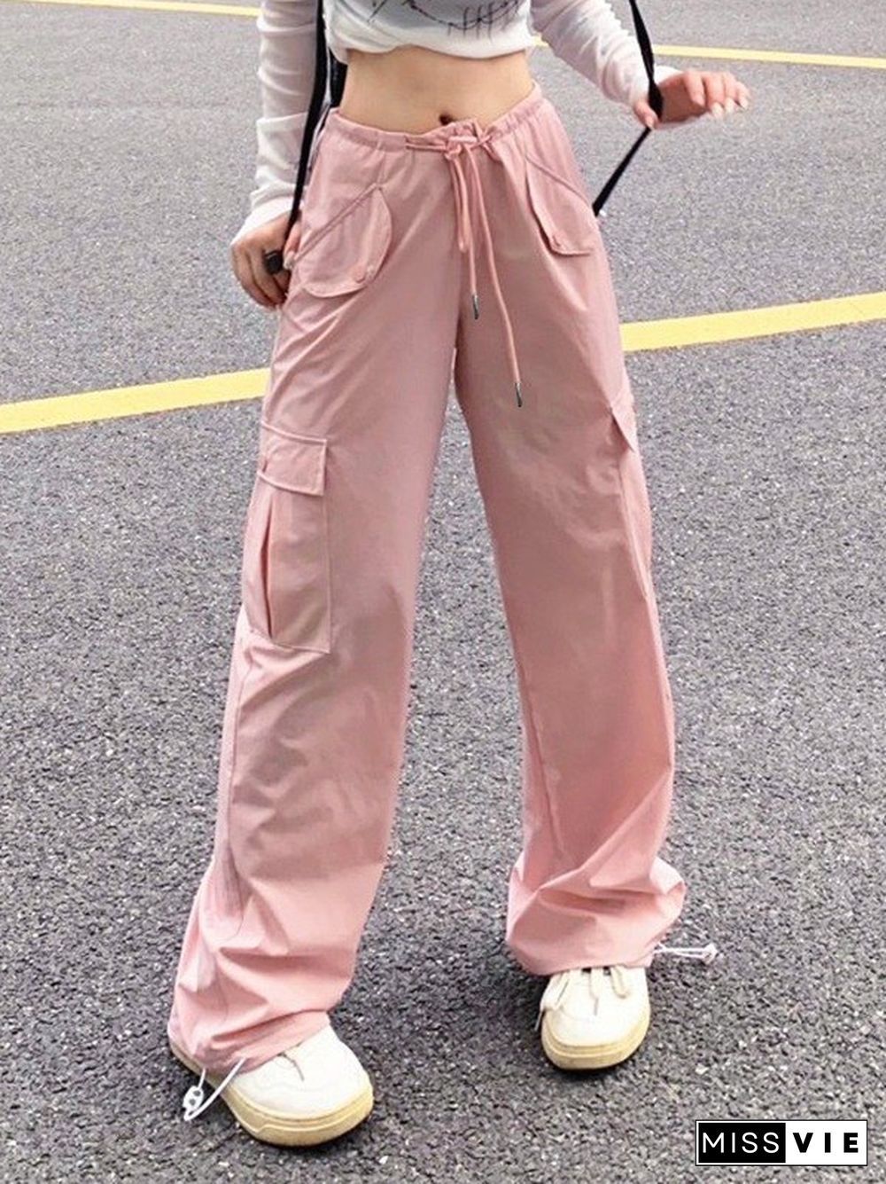 Drawstring Pink Baggy Cargo Pants