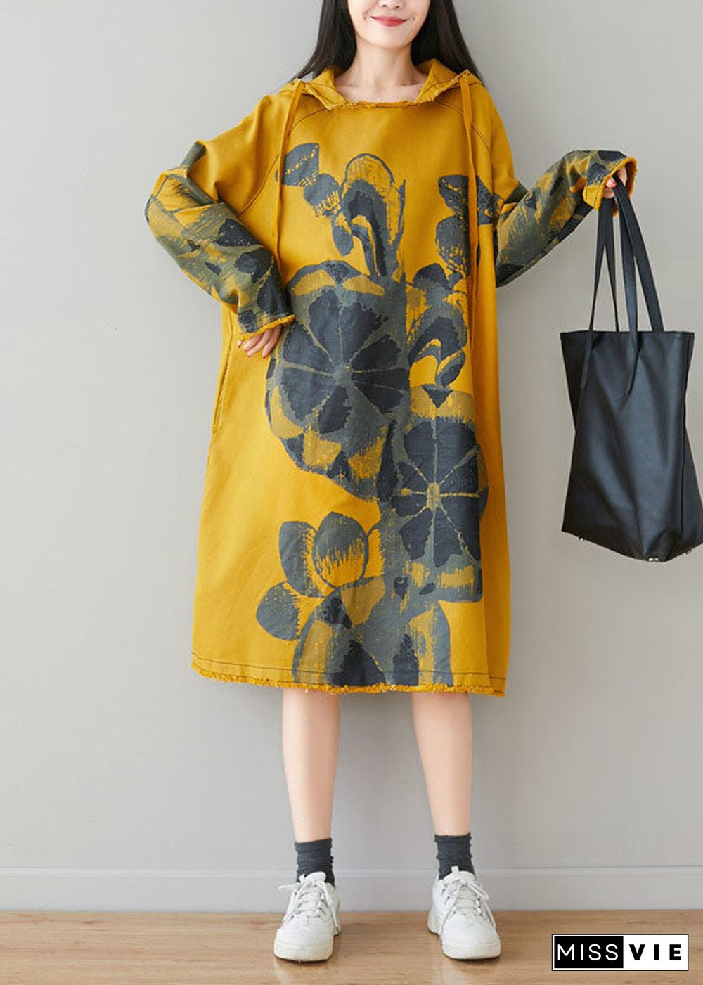 Fine Yellow drawstring Hooded Print Pullover dresses Spring