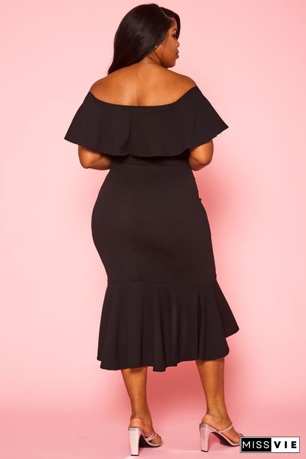 Black Ruffled Off Shoulder High Low Plus Size Dress