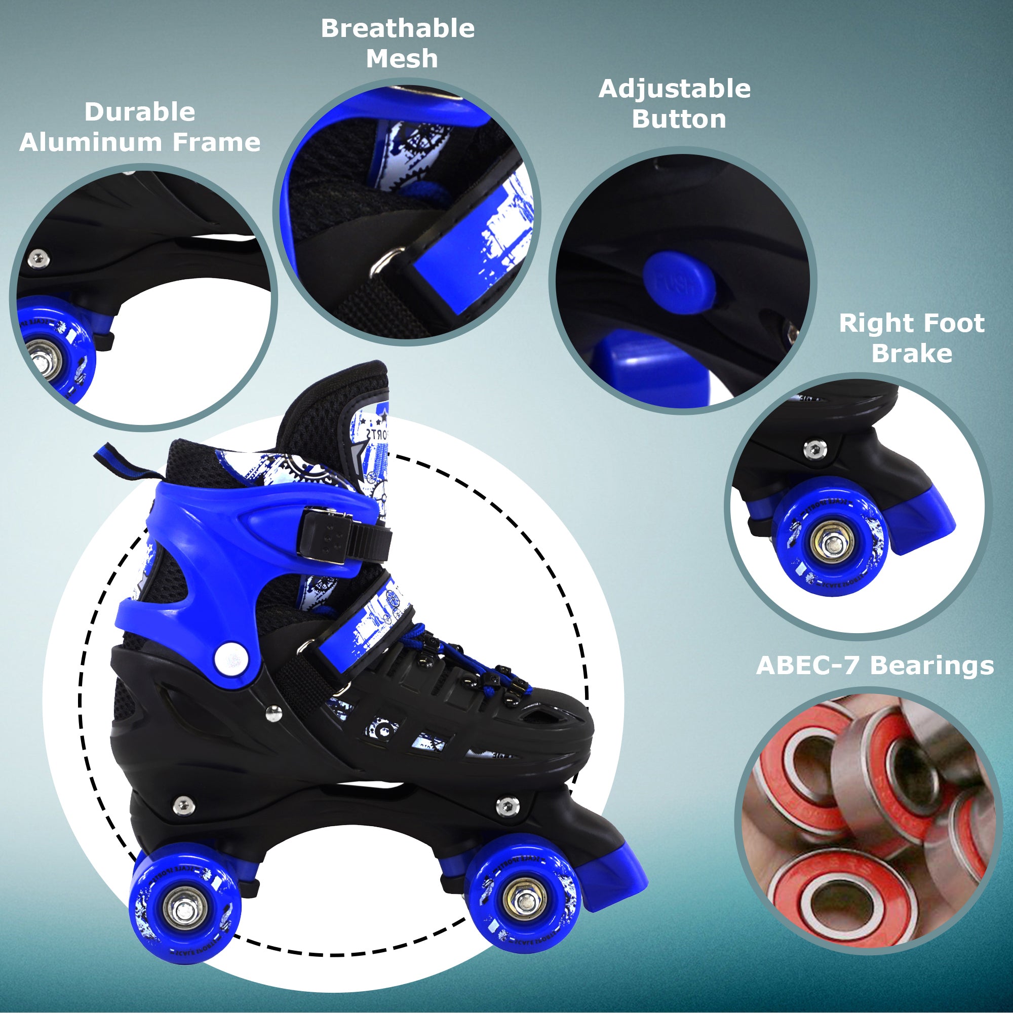 Adjustable Blue Quad Roller Skates For Kids Large Sizes