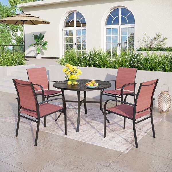 MAISON ARTS 5Piece Patio Dining Set，Geometrically Stamped Round Table and 4 Textilene Dining Chairs