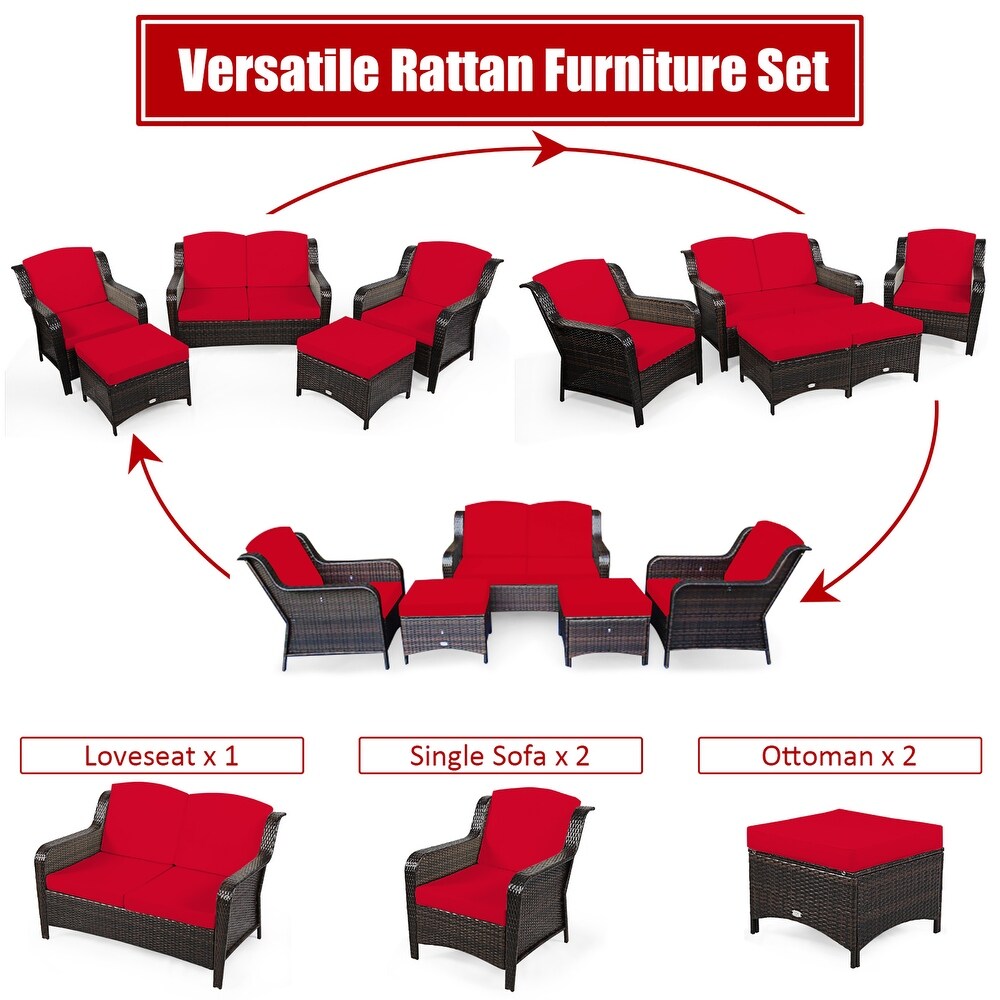 Costway 5PCS Patio Rattan Furniture Set Loveseat Sofa Ottoman