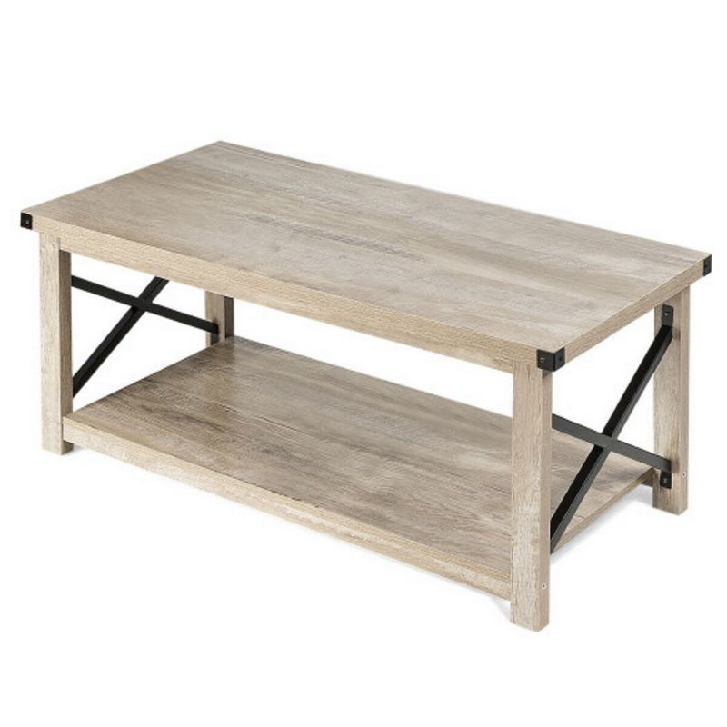 Rustic Accent Coffee Table Metal X Shaped Side Cocktail Table with Storage Shelf