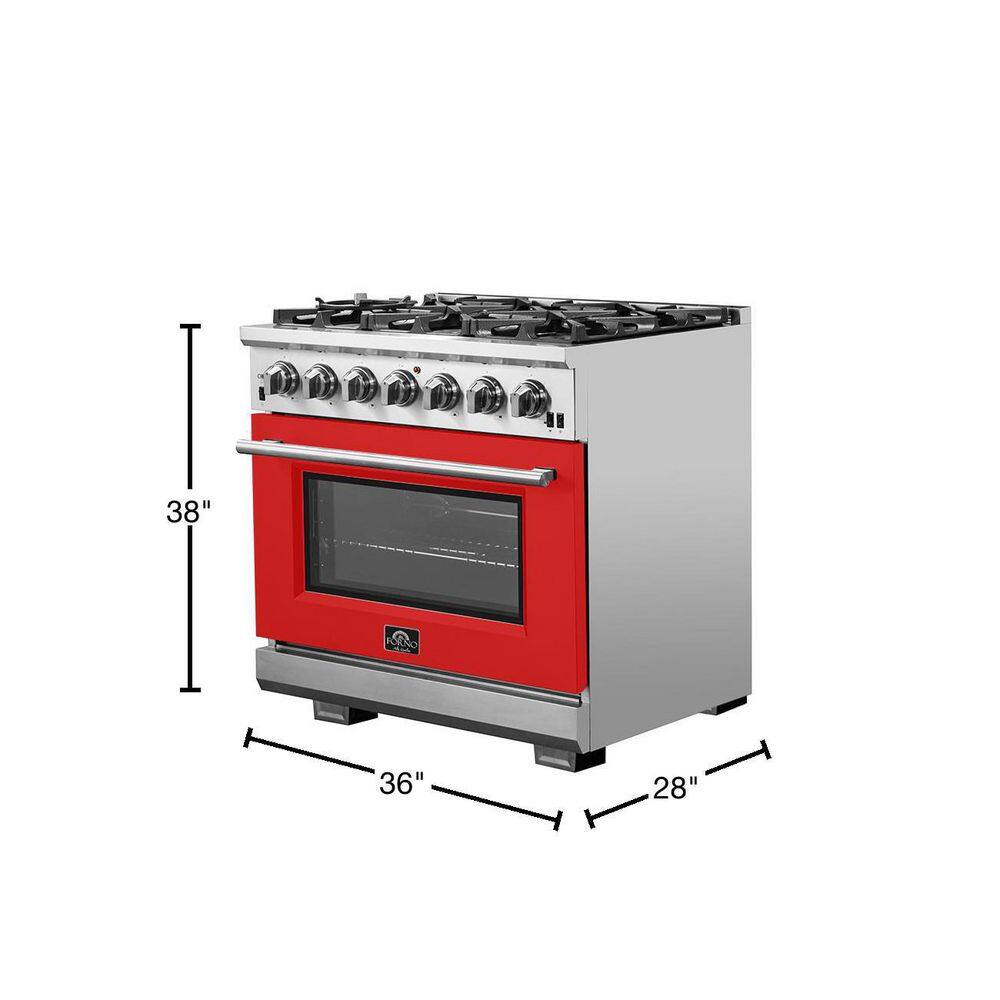 Forno Capriasca 36 in. 5.36 cu. ft. Gas Range with 6 Gas Burners Oven in Stainless Steel with Red Door FFSGS6260-36RED