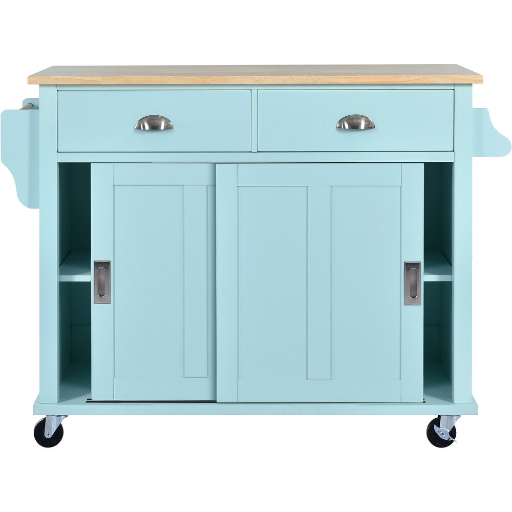 Kitchen Island Cart w/ Rubber wood Drop Leaf Countertop  Concealed Sliding Barn Door Kitchen Island w/ Storage Cabinet 2 Drawers