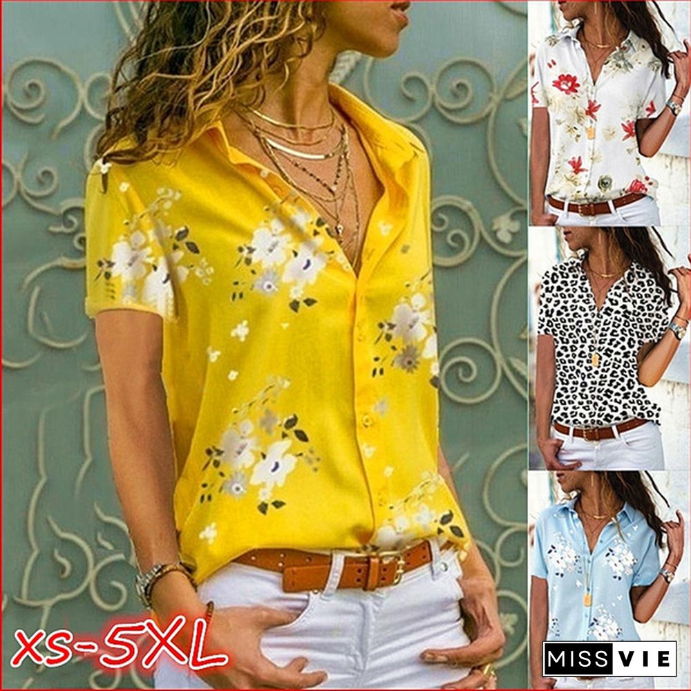 Summer Women's Clothing New Fashion Women's Flower Printed Short Sleeve Casual V-neck T-shirt Loose Plus Size Chiffon Blouse Short Sleeve Top Shirt