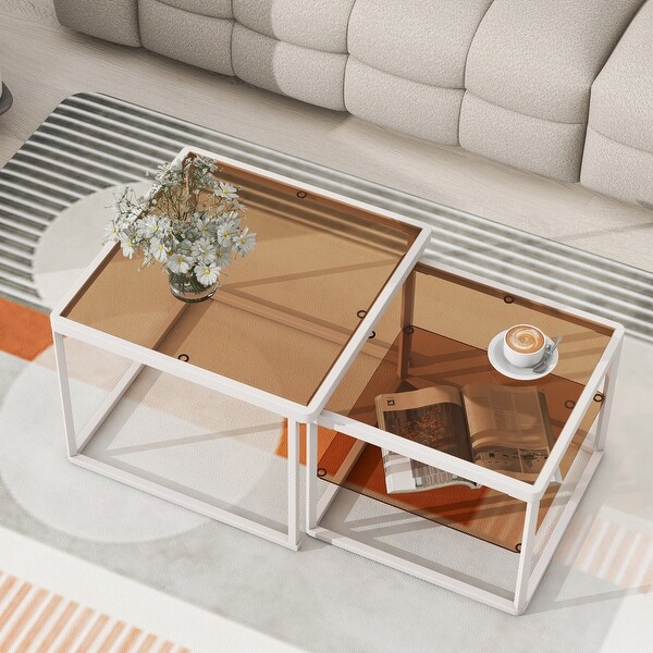 Adjustable 2Tier Nested Coffee Table with Highlow Glass with Metal