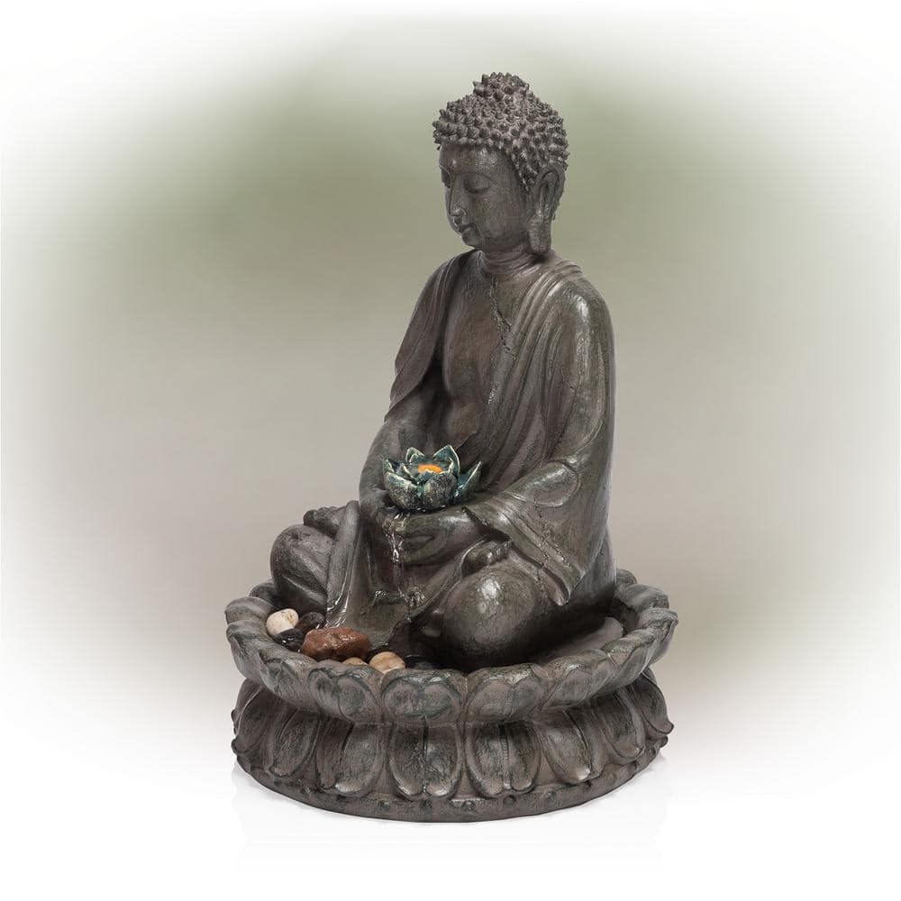 Alpine Corporation 19 in. Tall Indoor/Outdoor Tabletop Meditating Buddha with Lotus Flower Fountain with LED Light GEM178