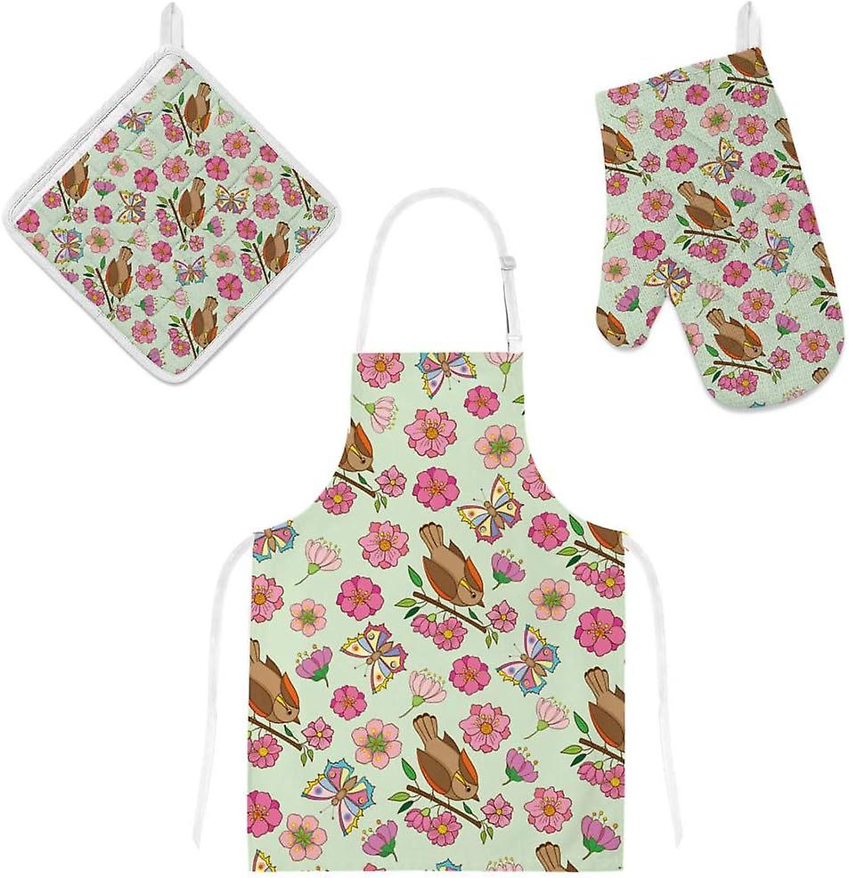 Kitchen Oven Mitts Glove Potholder Apron 3pcs Set Birds Flowers And Butterflies Non Slip Heat Resistant Mitts For Baking Cooking Bbq