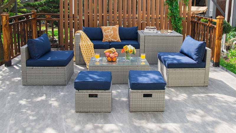 8 Pcs Rattan Patio Sectional Furniture Set Wicker Outdoor Cushioned Sofa Set with Storage Box & Waterproof Cover