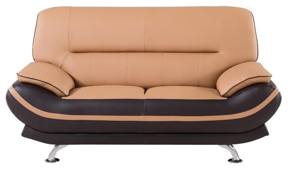 Wooden Framed Loveseat With Tufted Faux Leather Upholstery  Brown And Silver   Contemporary   Loveseats   by VirVentures  Houzz