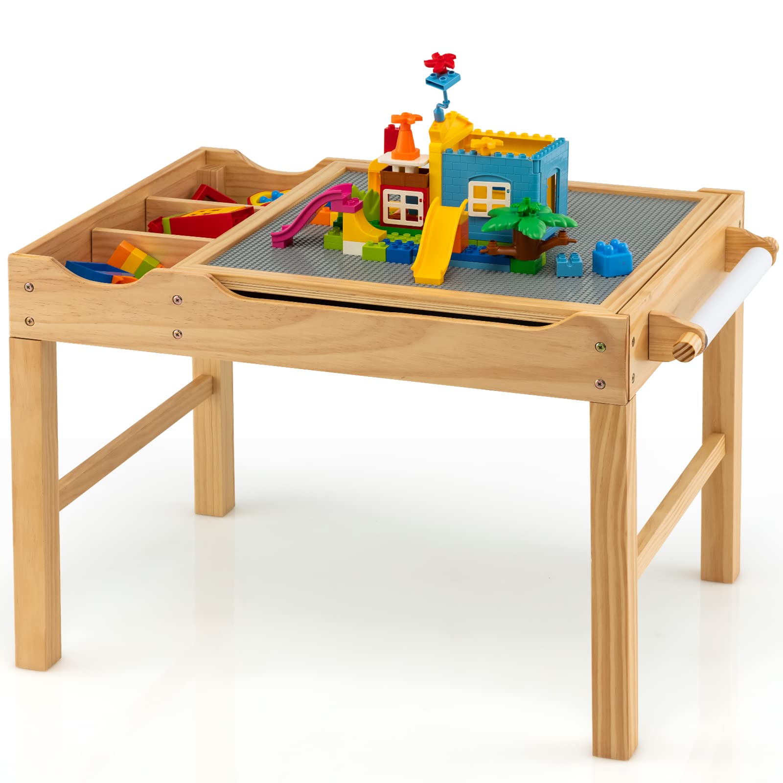 Costzon Kids Table, 3 in 1 Wood Building Block Desk w/Storage, Paper Roll