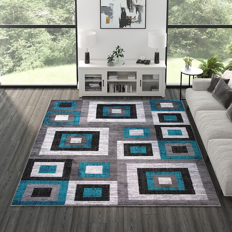 Masada Rugs Newton Collection Modern 8'x10' Accent Rug with Geometric Square Pattern in Turquoise， Gray and White