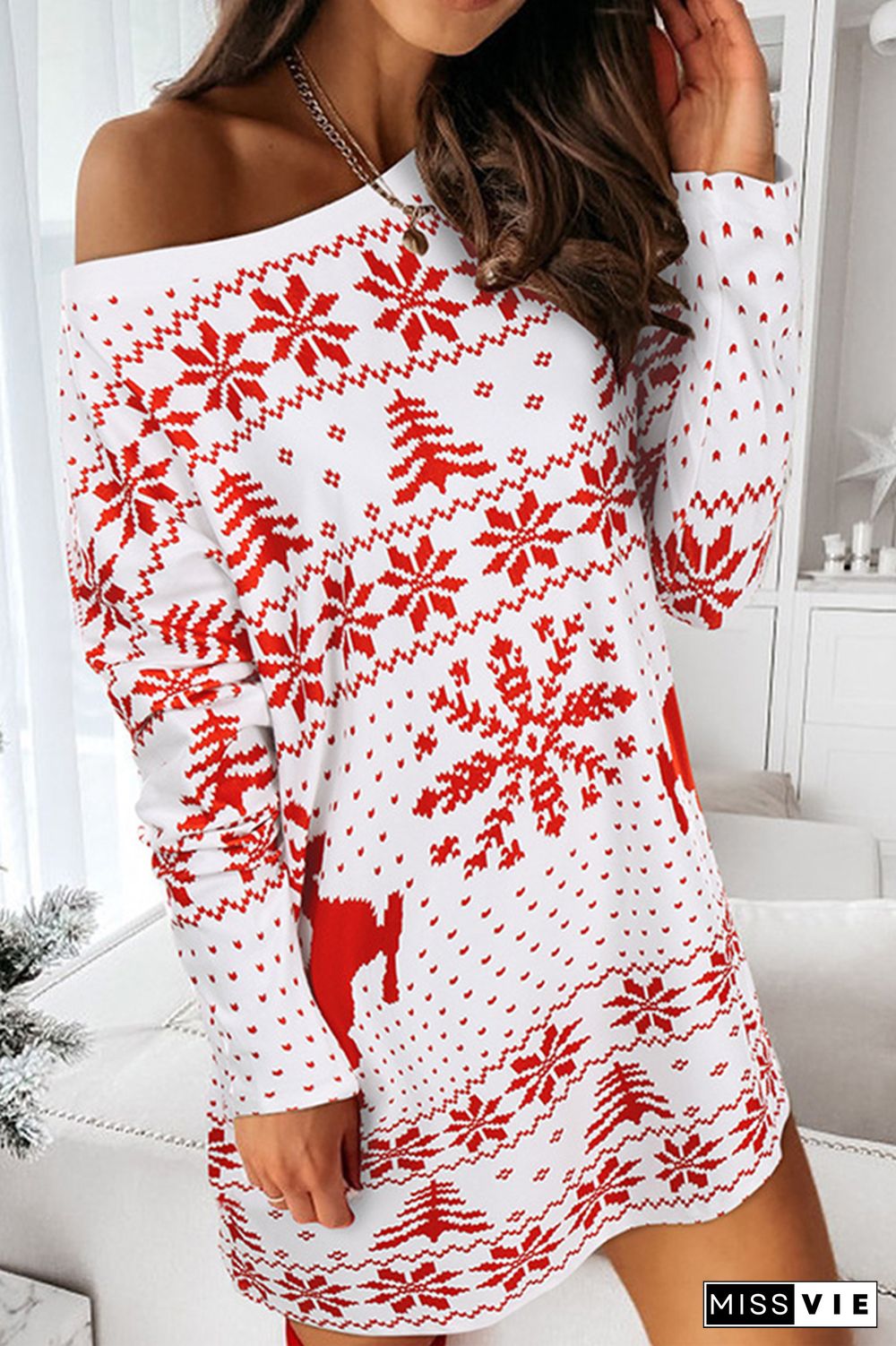 Christmas Print Long Sleeve Dress Women Wholesale