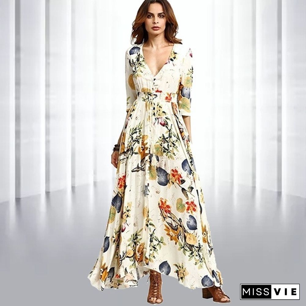 Fashion Bohemian Dress Womens V Neck Floral Print Big Swing Long Dress