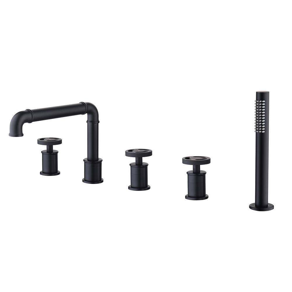 Tomfaucet 3-Handle Deck-Mount Roman Tub Faucet with Hand Shower in Matte Black TFB1145MB