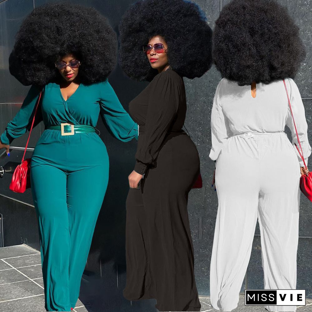 Long Sleeve V-neck Plus Size Wide Leg Jumpsuit