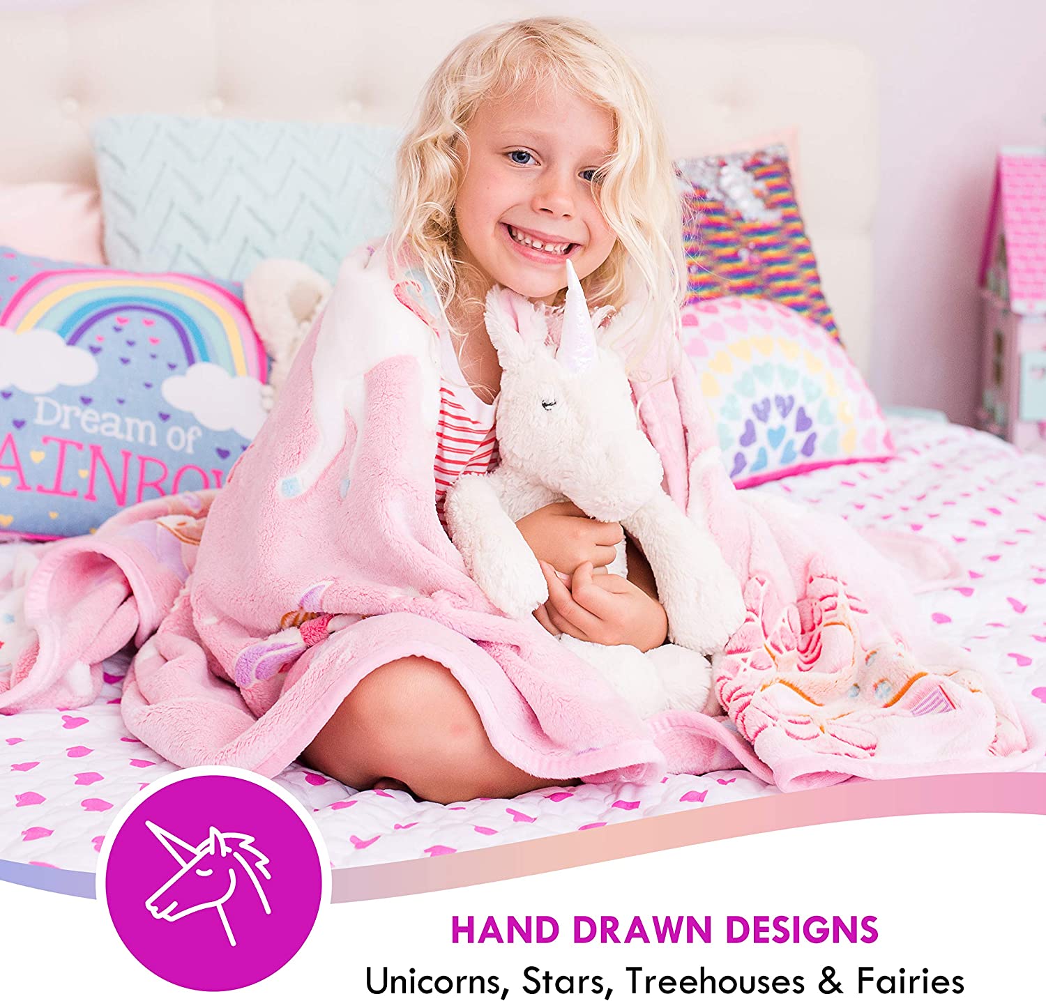 Glow in The Dark Unicorn Blanket for Girls – Soft Pink Fleece Throw. Great Christmas， Birthday， Baby， Toddler Unicorn Gifts! Premium Fuzzy Blanket with Fairy， Butterfly， Stars. Bright Long-Last Glow