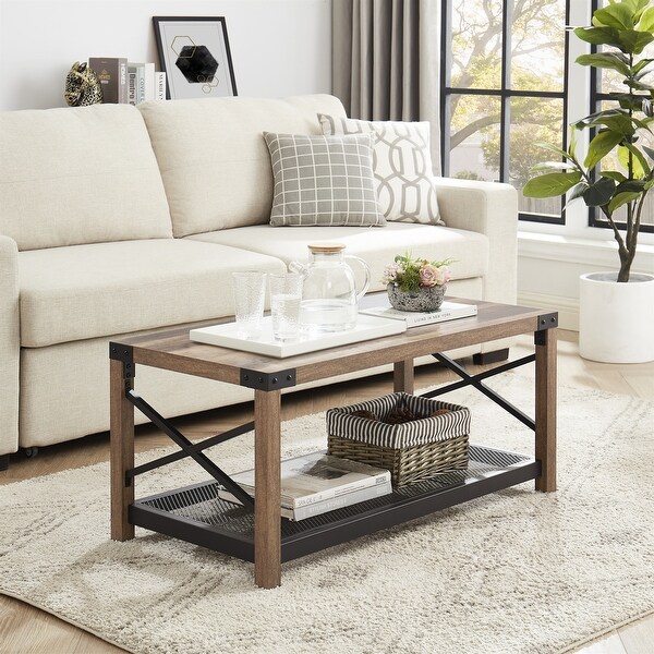 2-Tier Coffee Table Table with Mesh Shelf and Steel Frame